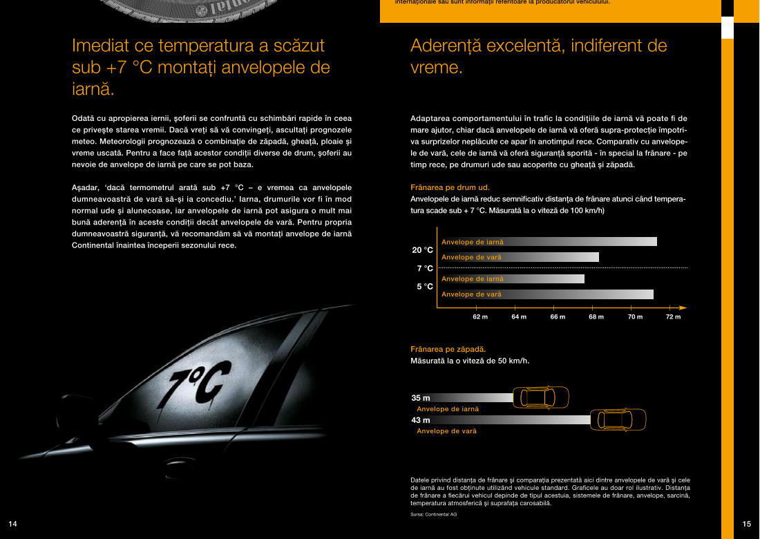 15 14 Odată cu apropierea iernii, şoferii se confruntă cu schimbări rapide �n ceea ce priveşte starea vremii. Dacă vreţi să vă convingeţi, ascultaţi prognozele meteo. Meteorologii prognozează o combinaţie de zăpadă, gheaţă, ploaie şi vreme uscată. Pentru a face faţă acestor condiţii diverse de drum, şoferii au nevoie de anvelope de iarnă pe care se pot baza. Aşadar, �dacă termometrul arată sub +7 �C � e vremea ca anvelopele dumneavoastră de vară să-şi ia concediu.� Iarna, drumurile vor fi �n mod normal ude şi alunecoase, iar anvelopele de iarnă pot asigura o mult mai bună aderenţă �n aceste condiţii dec�t anvelopele de vară. Pentru propria dumneavoastră siguranţă, vă recomandăm să vă montaţi anvelope de iarnă Continental �naintea �nceperii sezonului rece. Imediat ce temperatura a scăzut sub +7 �C montaţi anvelopele de iarnă. Aderenţă excelentă, indiferent de vreme. Adaptarea comportamentului �n traﬁc la condiţiile de iarnă vă poate ﬁ de mare ajutor, chiar dacă anvelopele de iarnă vă oferă supra-protecţie �mpotri-va surprizelor neplăcute ce apar �n anotimpul rece. Comparativ cu anvelope-le de vară, cele de iarnă vă oferă siguranţă sporită - �n special la fr�nare - pe timp rece, pe drumuri ude sau acoperite cu gheaţă şi zăpadă. Anvelopele de iarnă reduc semniﬁcativ distanţa de fr�nare atunci c�nd tempera-tura scade sub + 7 �C. Măsurată la o viteză de 100 km/h) Măsurată la o viteză de 50 km/h. Sursa: Continental AG Anvelope de iarnă Anvelope de vară Anvelope de iarnă Anvelope de vară Anvelope de iarnă Anvelope de vară Datele privind distanţa de fr�nare şi comparaţia prezentată aici dintre anvelopele de vară şi cele de iarnă au fost obţinute utiliz�nd vehicule standard. Graﬁcele au doar rol ilustrativ. Distanţa de fr�nare a ﬁecărui vehicul depinde de tipul acestuia, sistemele de fr�nare, anvelope, sarcină, temperatura atmosferică şi suprafaţa carosabilă. Fr�narea pe drum ud. Fr�narea pe zăpadă.